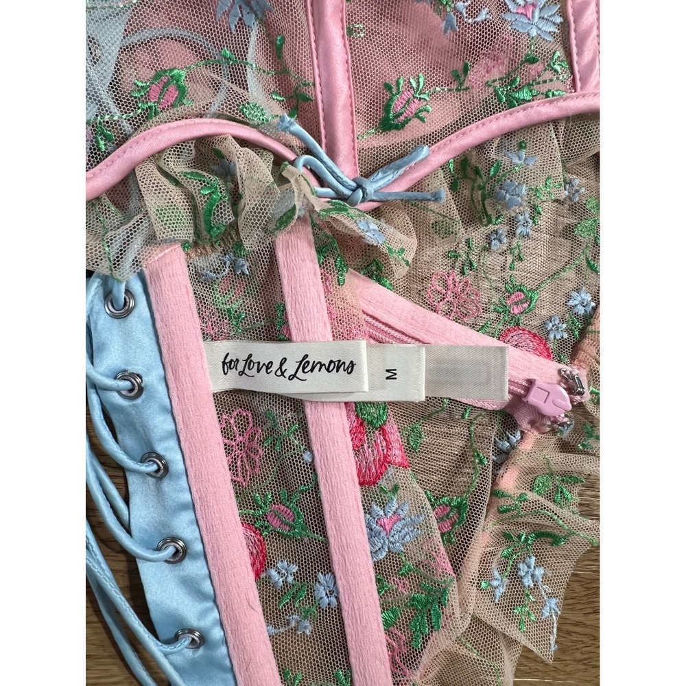 For Love & Lemons M Floral Embroidered Mesh Corset Bustier Lace Up Pink Blue - Picture 3 of 4
